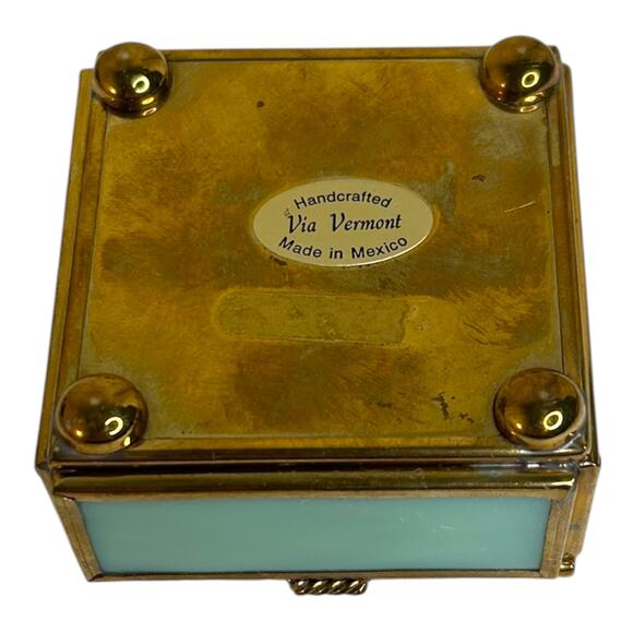 Vintage Via Vermont Sunbeam Print Light Blue Opalescent Glass Small Brass Box - Picture 6 of 11